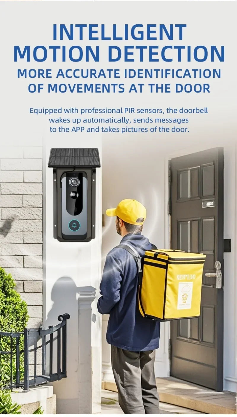 Black wireless smart doorbell with solar rain shield detecting a delivery person at the front door.