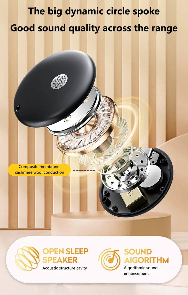 Exploded view of a black, portable waterproof shower speaker showing internal components and sound technology.