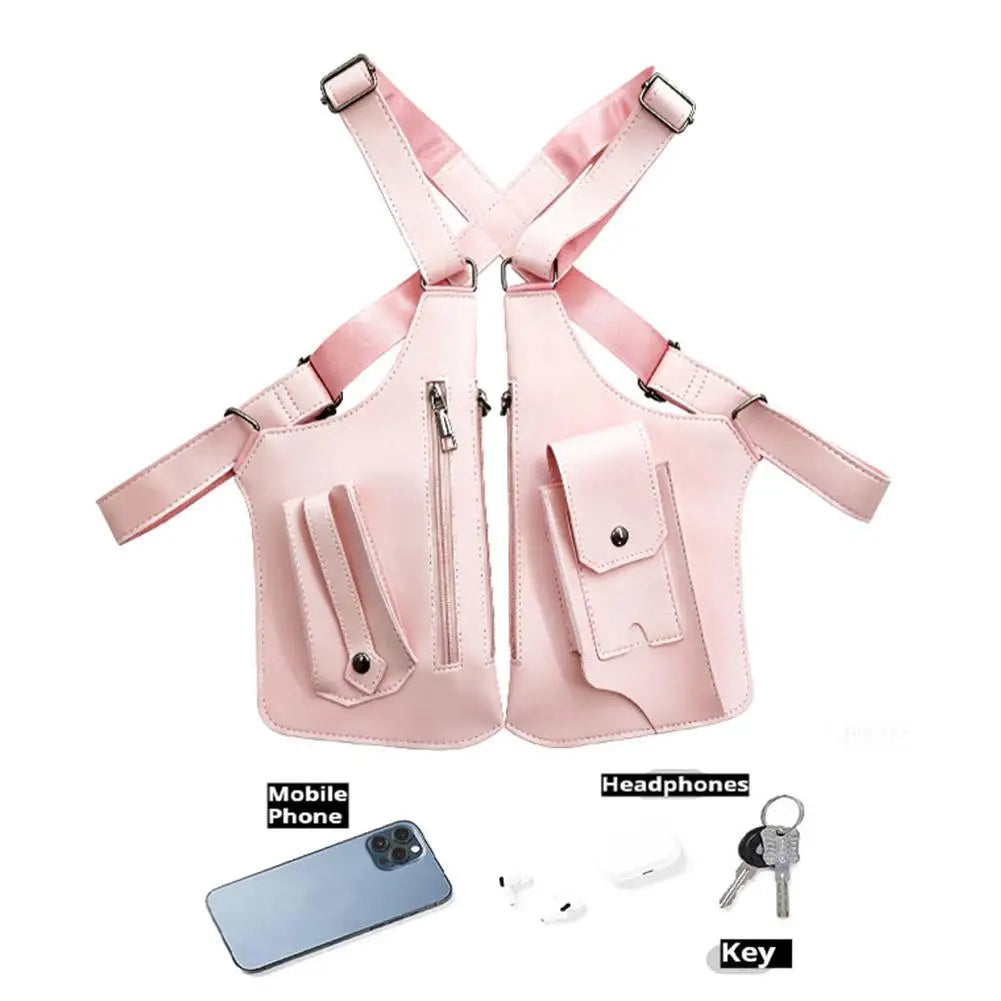 Light pink tactical chest bag with adjustable straps, zip pocket, and utility pouches for a mobile, keys, and earbuds.