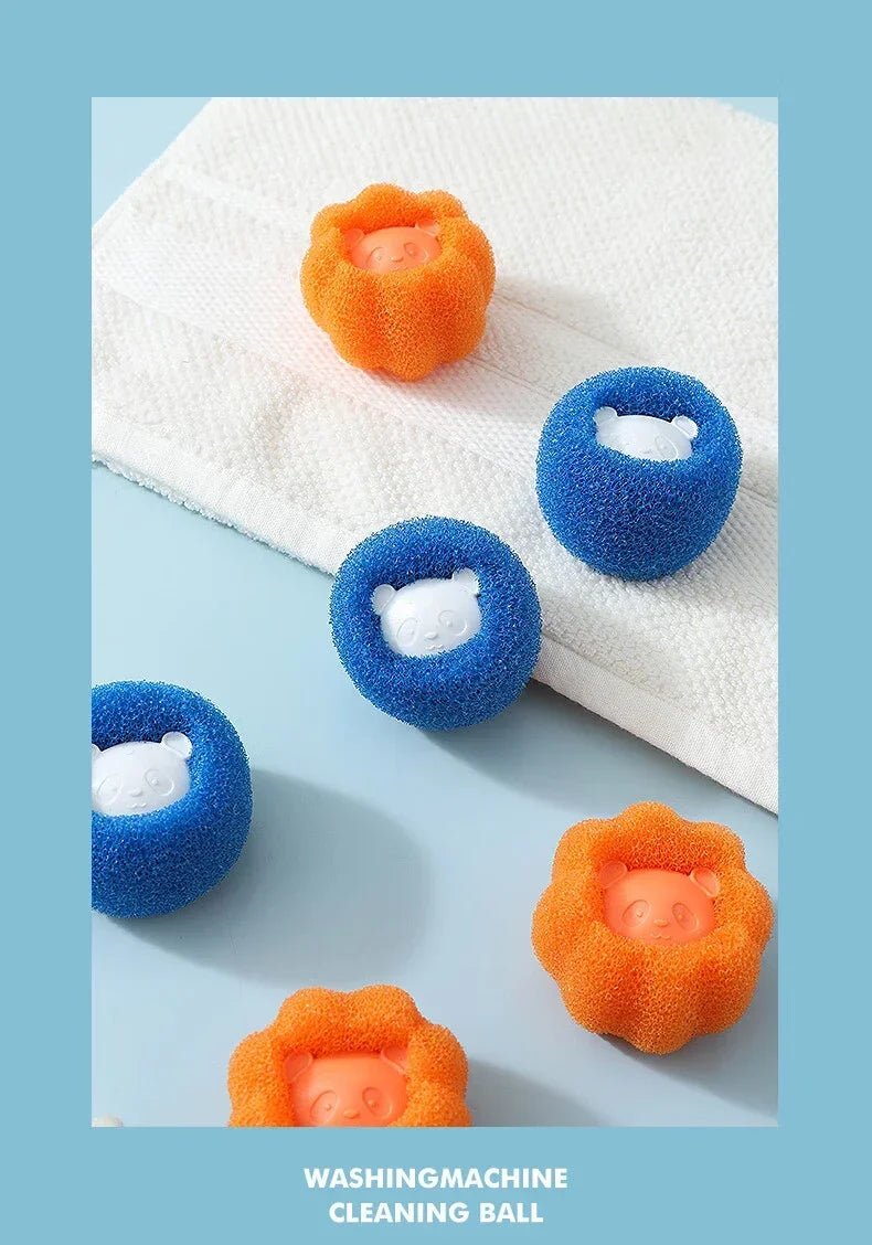 Blue and orange sponge washing machine cleaning balls featuring cute plastic bear faces.