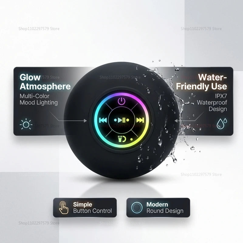 Black round portable waterproof Bluetooth speaker with multi-colour LED light ring and simple button controls.