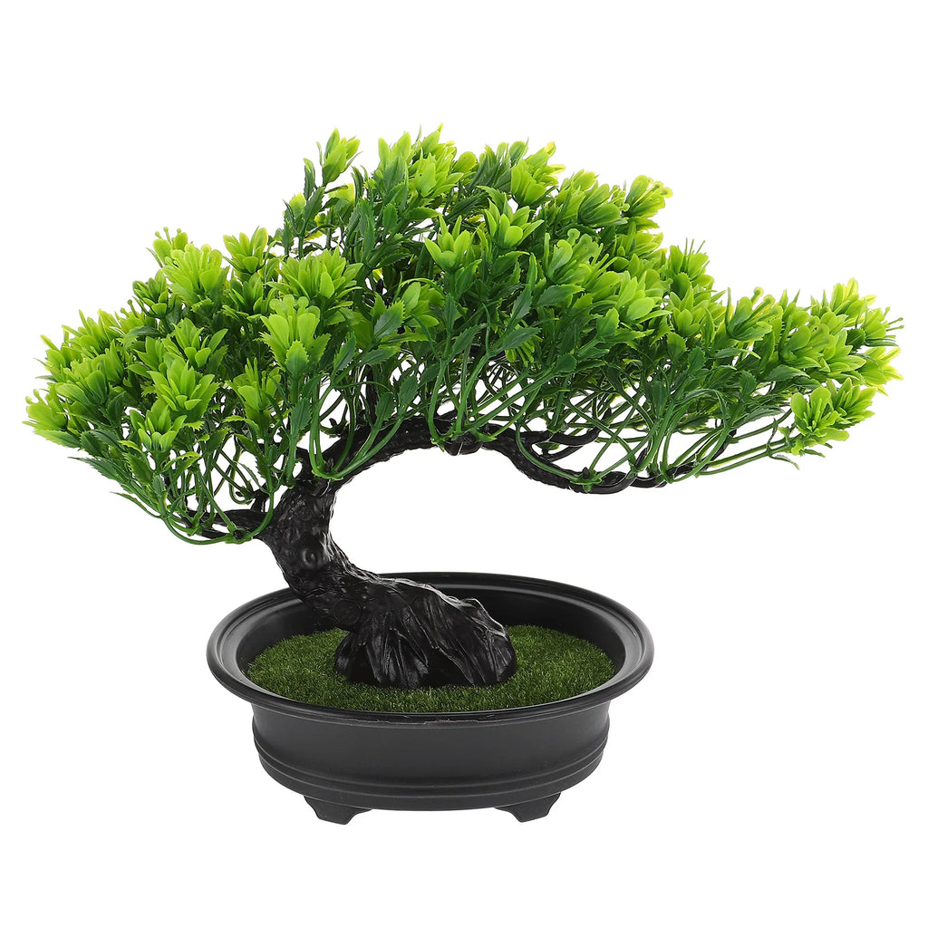 Artificial bonsai tree with vibrant green plastic foliage and a curved black trunk in a round black pot with faux moss.
