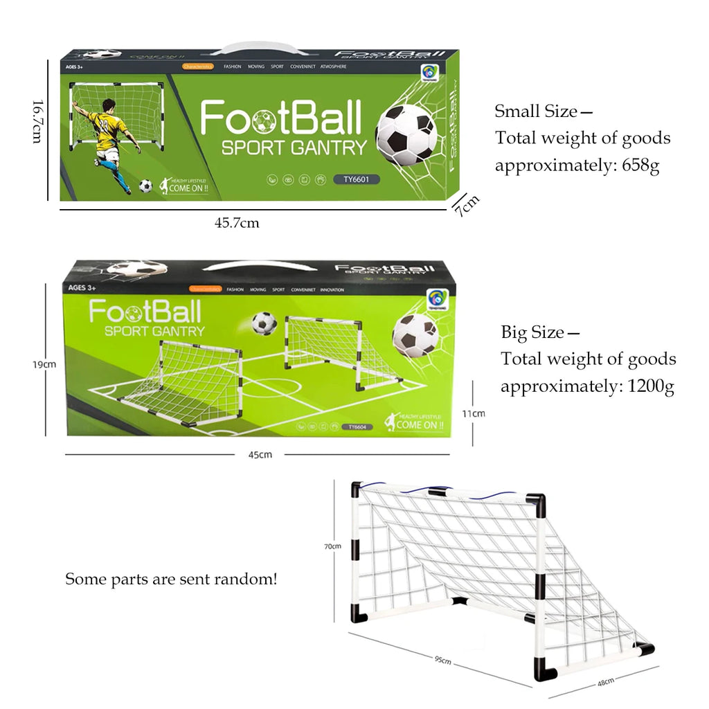 Two football goal net sets in small and large sizes with white frames and net, shown in their green product boxes.