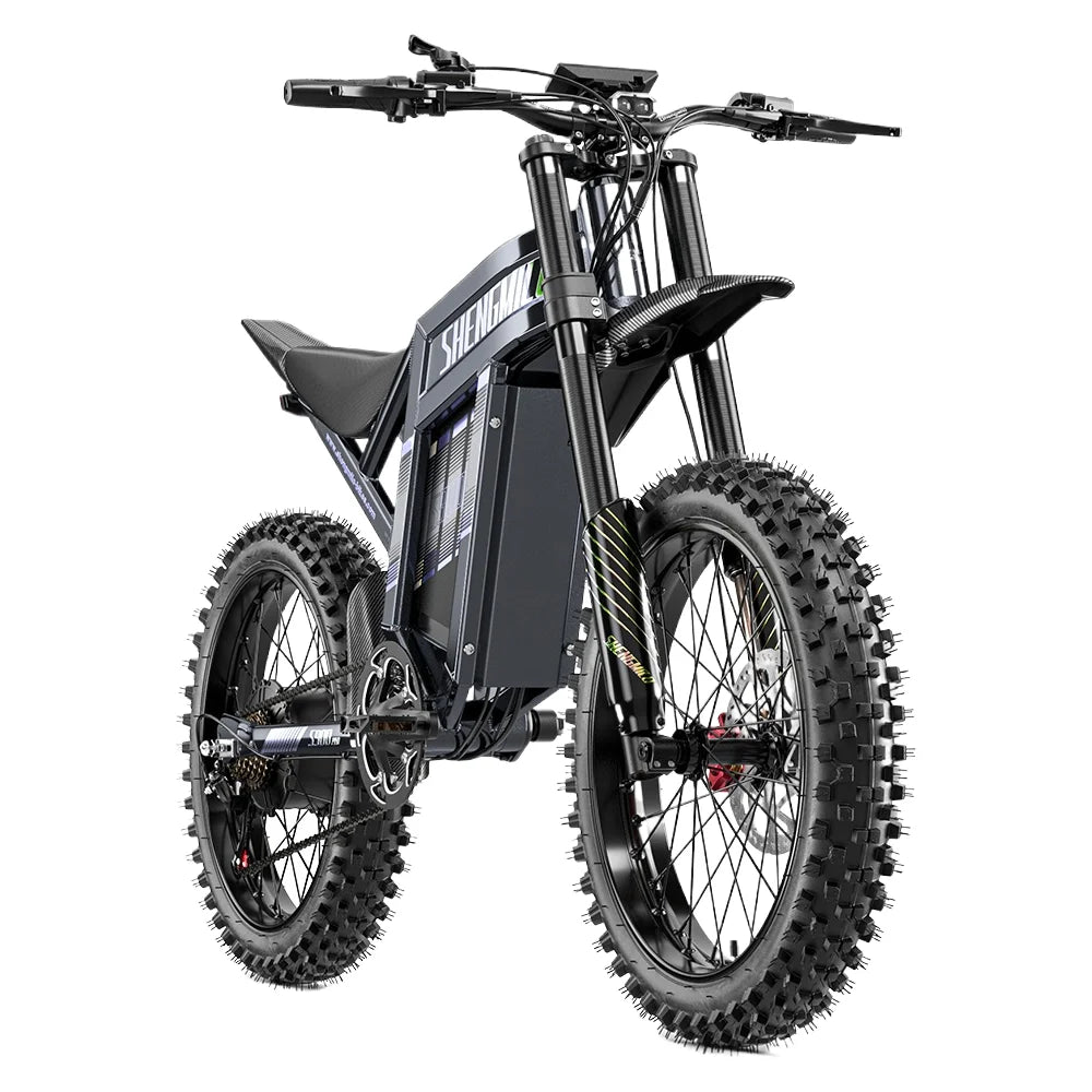Black Shengmilo S900 Pro electric mountain bike with thick off-road knobby tires, dual suspension, and large battery frame.