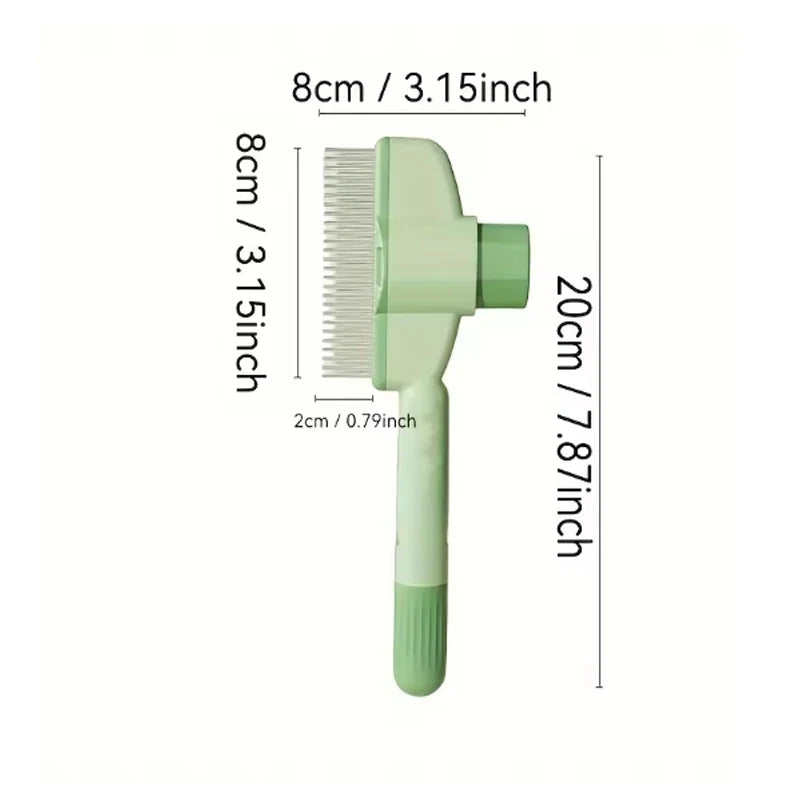 A sage green pet grooming brush with fine metal bristles and dimension labels on a white background.