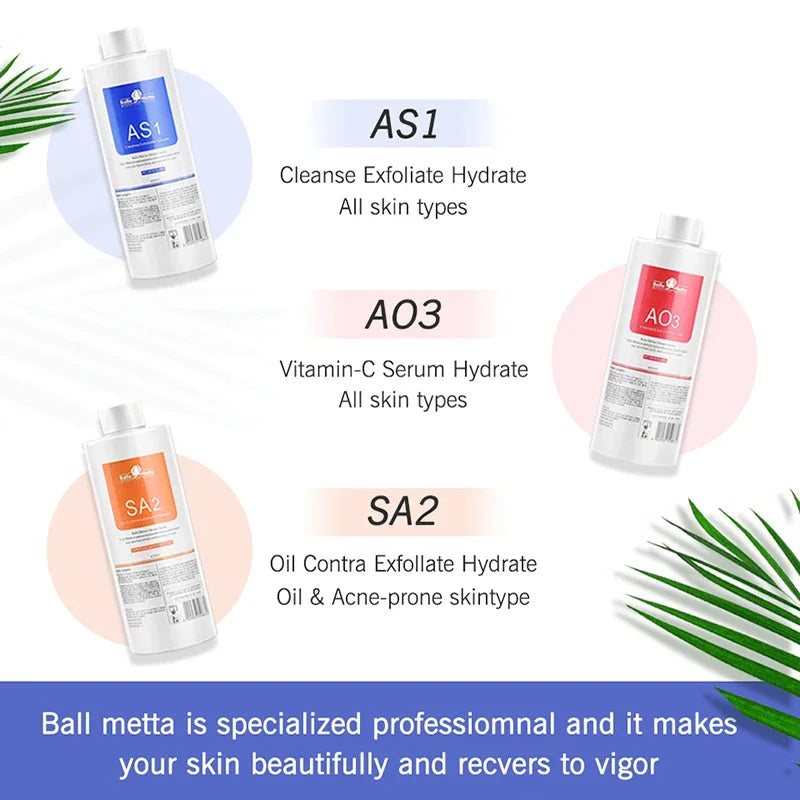 Three facial serum bottles with blue, red, and orange labels for cleansing, exfoliating, and hydrating all skin types.