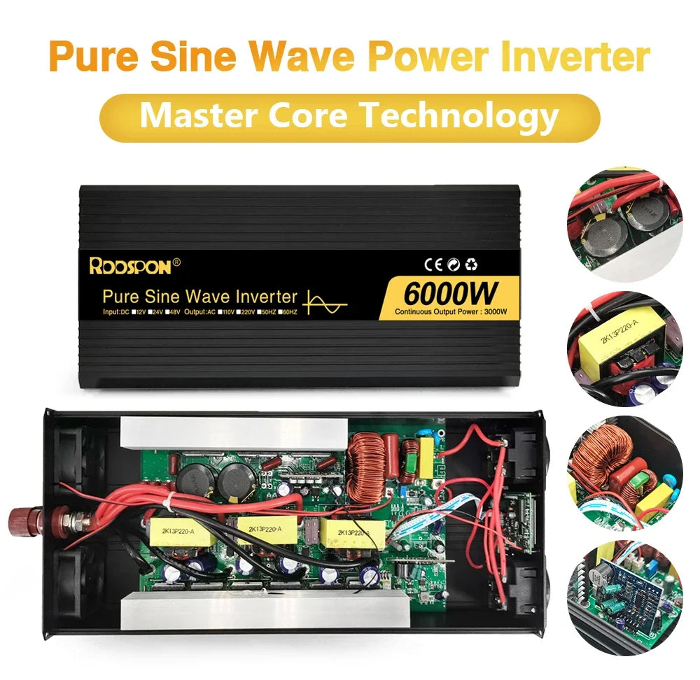 Black 6000W pure sine wave power inverter, showing exterior casing and internal electronic circuit board components.