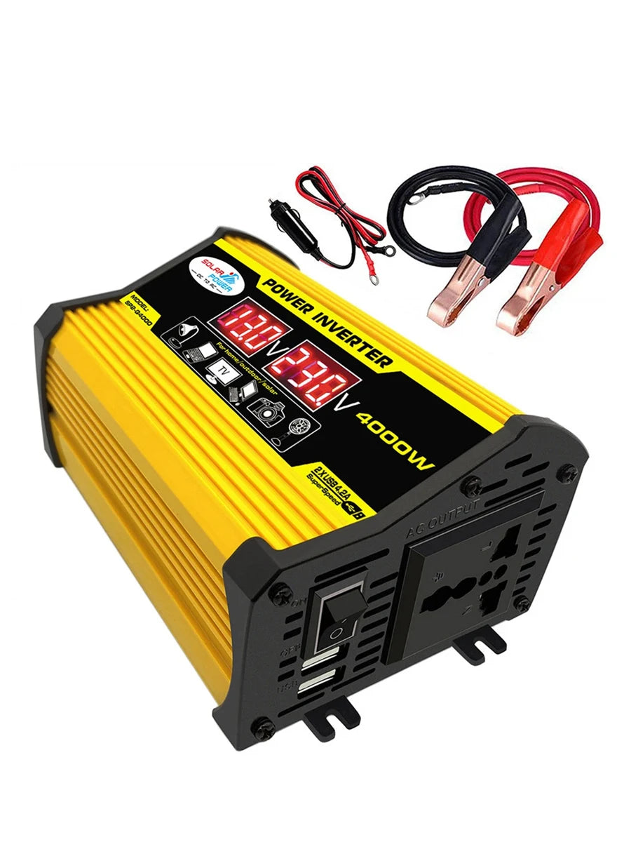 Yellow 4000W DC to AC power inverter with digital display, USB ports, UK socket, battery cables, and cigarette plug.