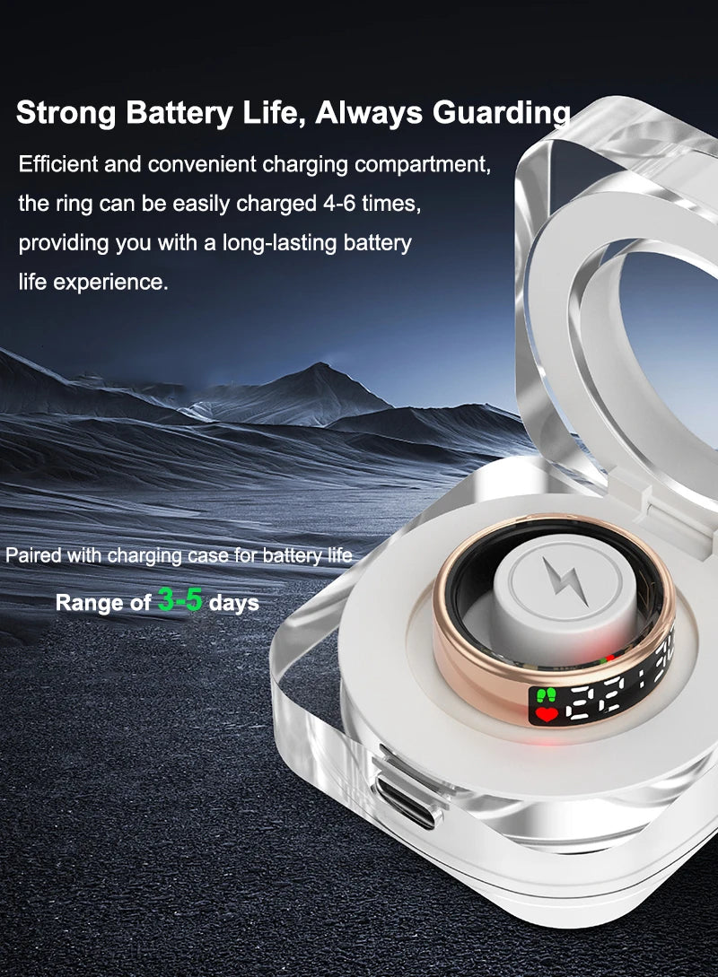 Rose gold smart health ring with digital display, shown inside its portable white charging case.