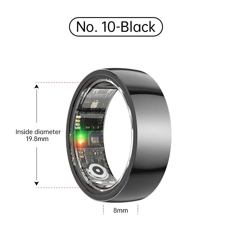 Glossy black smart fitness ring, 8mm wide, featuring visible electronic sensors on the inner band. Size 19.8mm diameter.