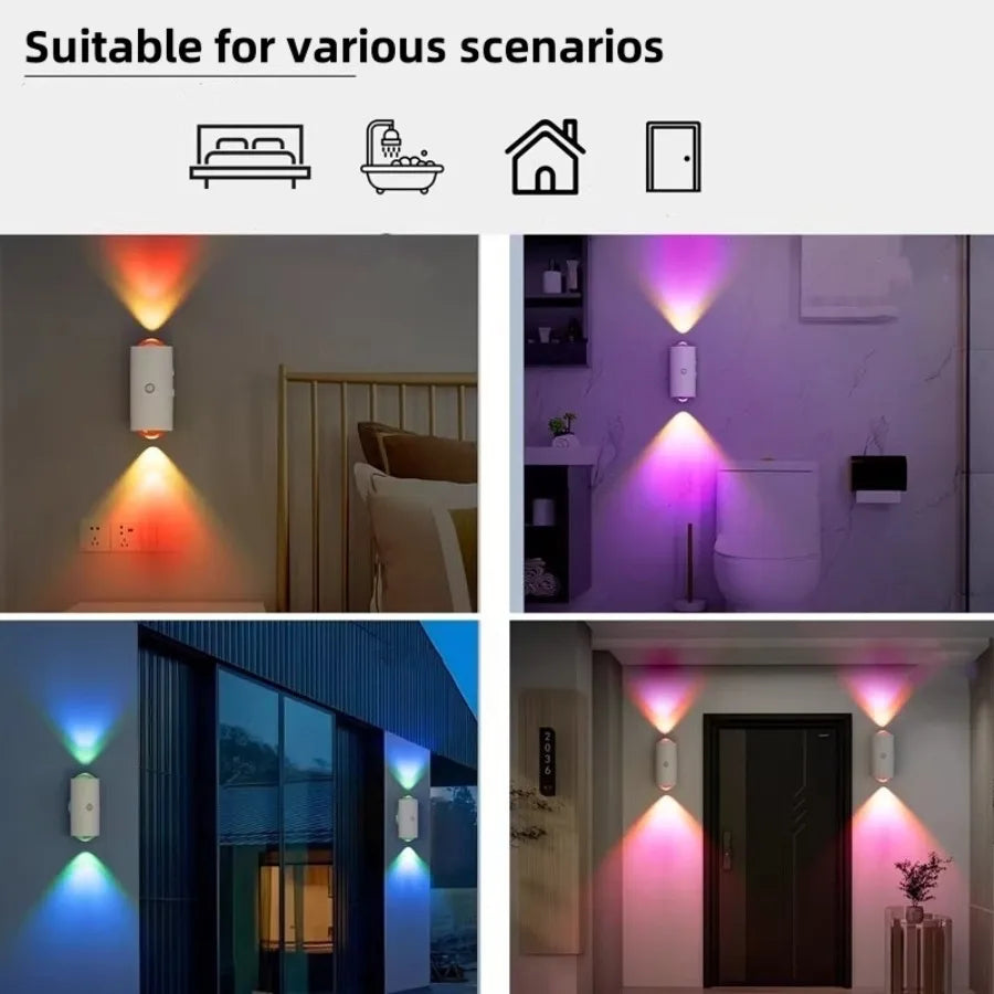 Modern white cylindrical wall light casting colourful dual-directional RGB beams, ideal for home and outdoor lighting.