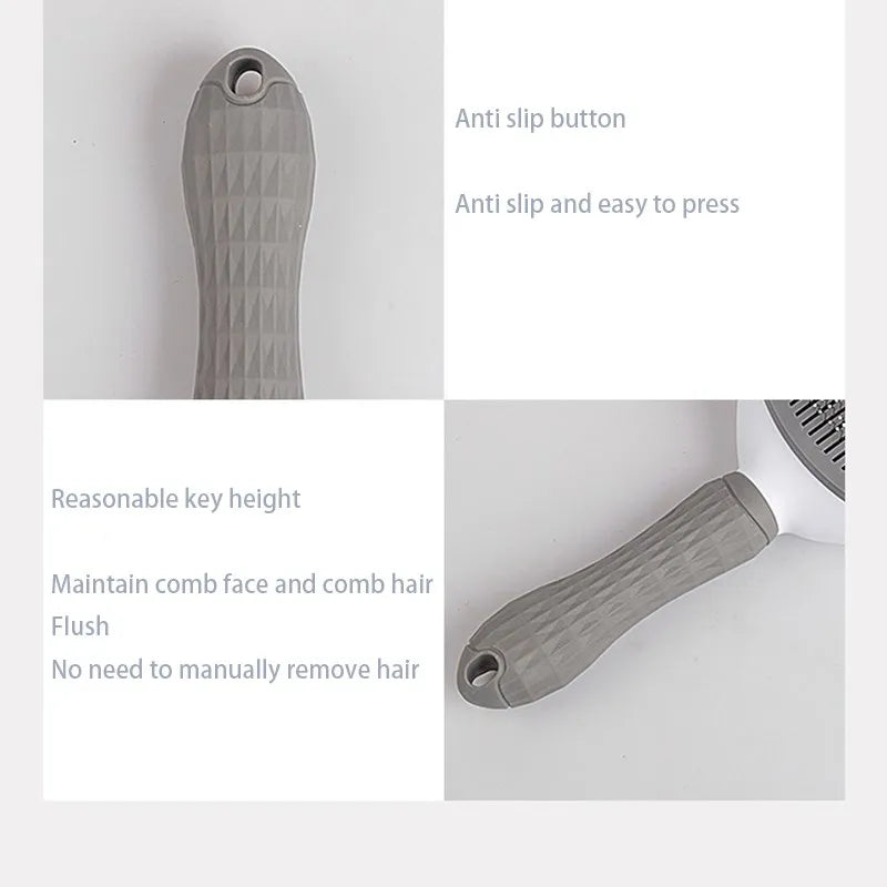 Grey self-cleaning pet grooming brush with a textured, anti-slip handle and push-button hair removal feature.