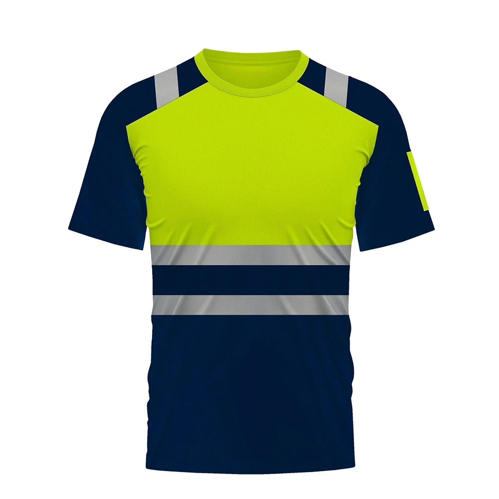 Short-sleeve hi-vis work shirt in navy and neon yellow with reflective tape detailing on the chest and shoulders.
