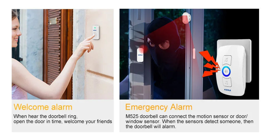 White plastic KERUI M525 wireless doorbell alarm system with sensor, push button, and audible alert indicator.