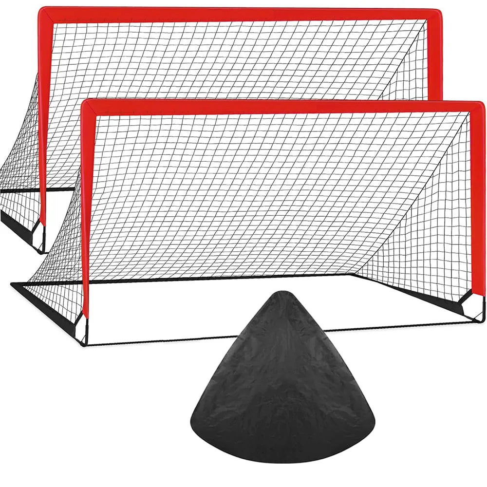 Two portable red football goals with black netting and a black triangular carry bag on a white background.