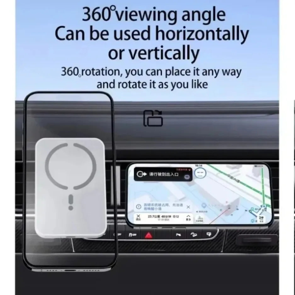 White magnetic car phone mount shown on a dashboard, supporting 360-degree rotation for horizontal or vertical viewing.