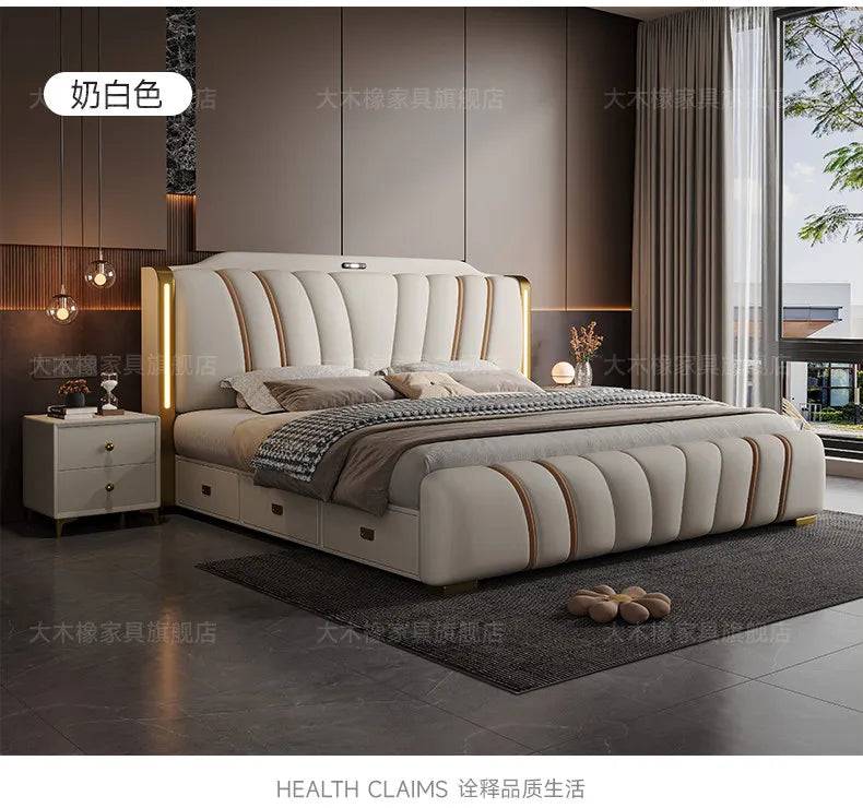 Luxury cream upholstered bed with vertical channel stitching, gold trim, integrated headboard lighting and base storage.