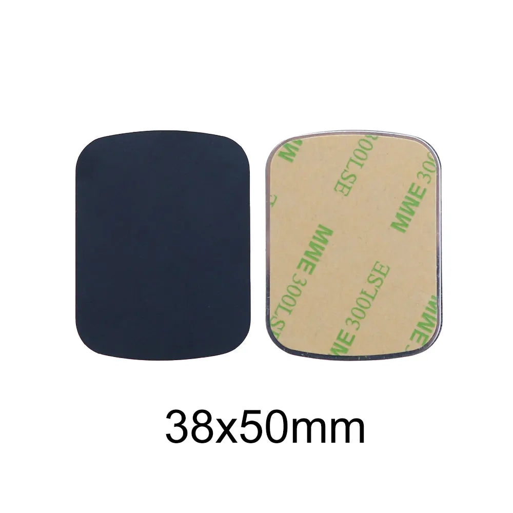 Two 38x50mm rectangular magnetic plates with rounded corners; one black side and one adhesive-backed side.