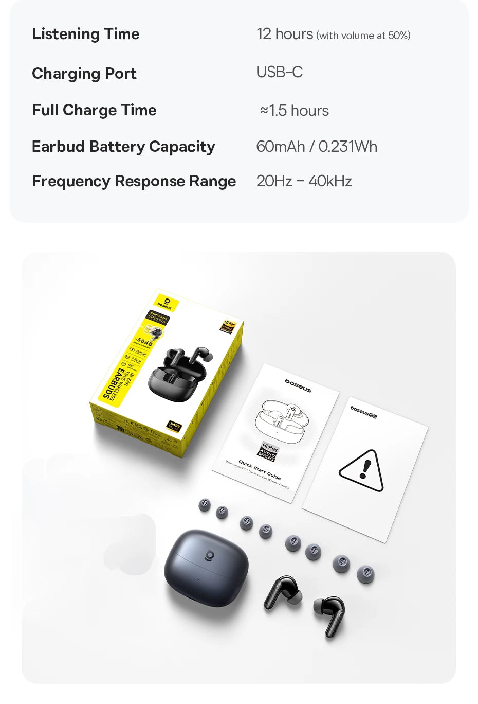 Black wireless earbuds with a grey charging case, manual, and extra eartips, displayed with product packaging.