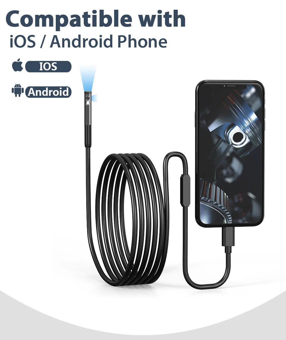 Black HD inspection camera with coiled cable, connecting to a smartphone to display a live feed.