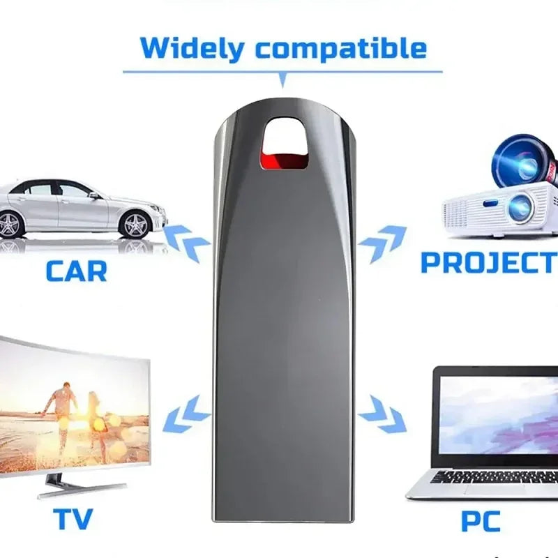 Sleek, silver metallic USB flash drive with a keyring hole, shown as compatible with cars, projectors, TVs, and PCs.