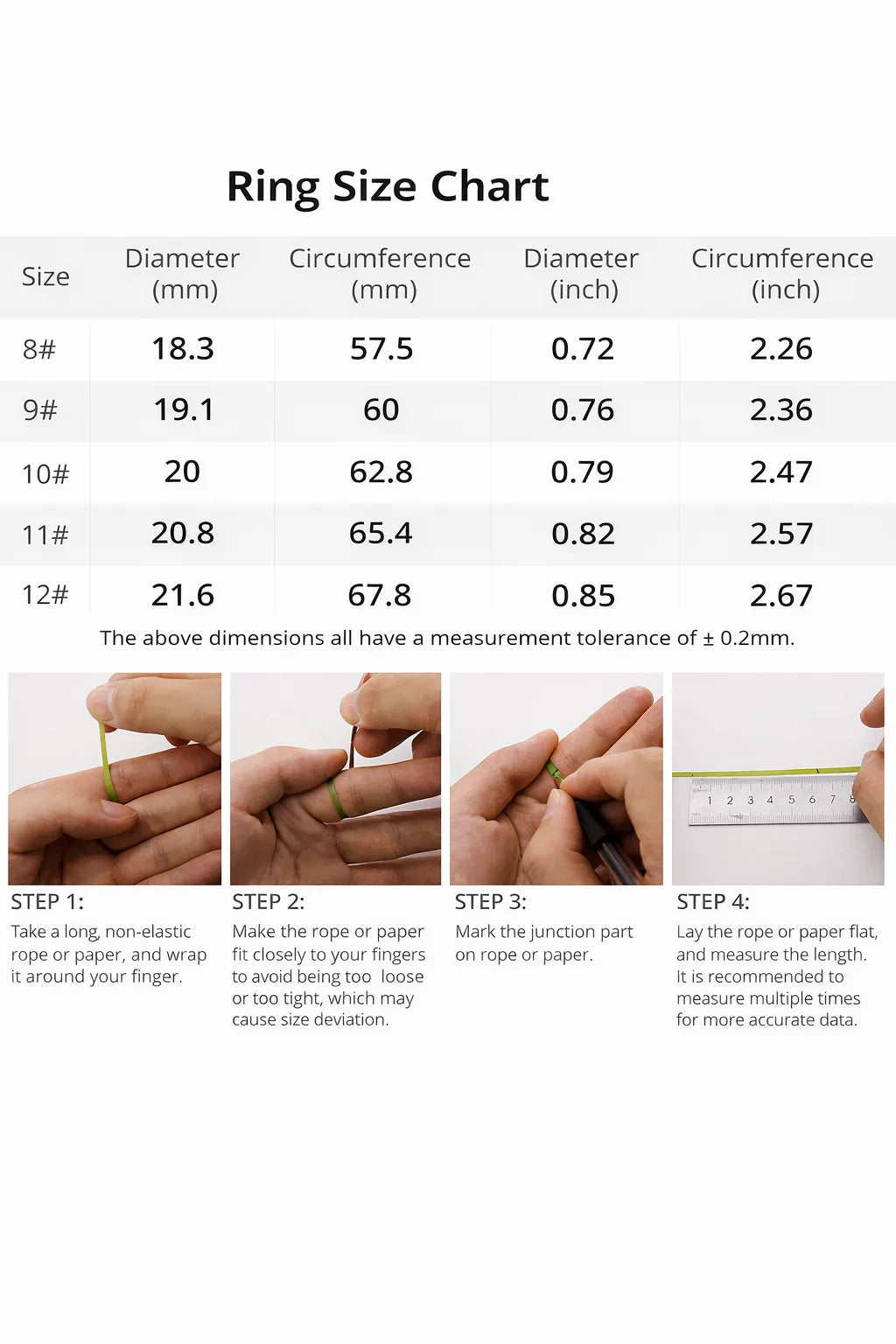 Size guide for the R02 Smart Health Tracking Ring, showing a conversion table and step-by-step finger measuring guide.