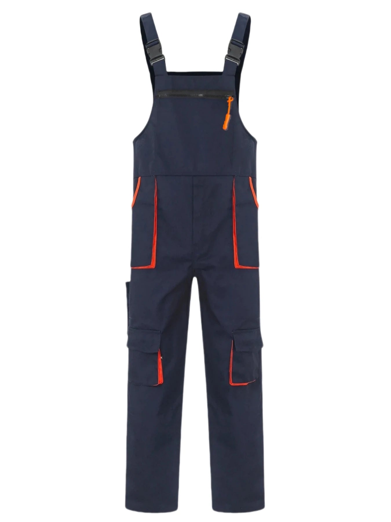 Navy blue heavy-duty dungarees with orange trim, featuring adjustable buckle straps, zip chest pocket and cargo pockets.