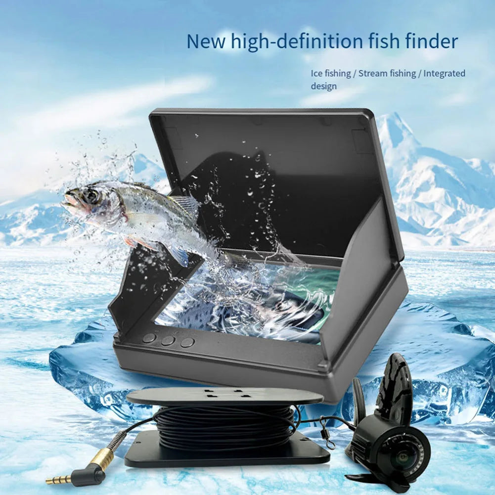 Black 4.3-inch underwater fishing camera monitor with screen hood, cable reel, and camera unit on an icy background.