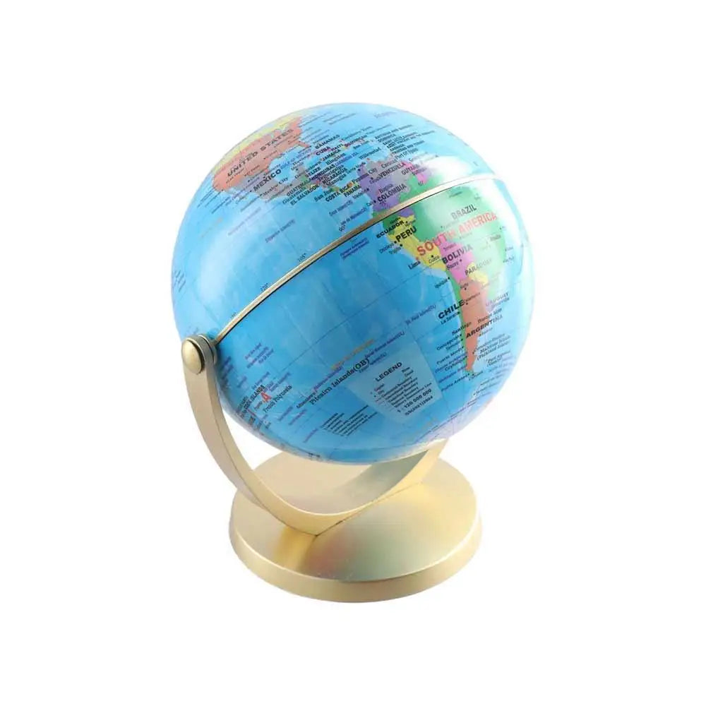 Tabletop world globe with a colourful map, clear text, and a modern brushed gold stand against a white background.