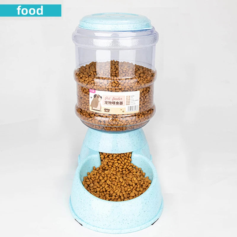Light blue, speckled gravity pet food dispenser with a clear container filled with kibble on a white background.