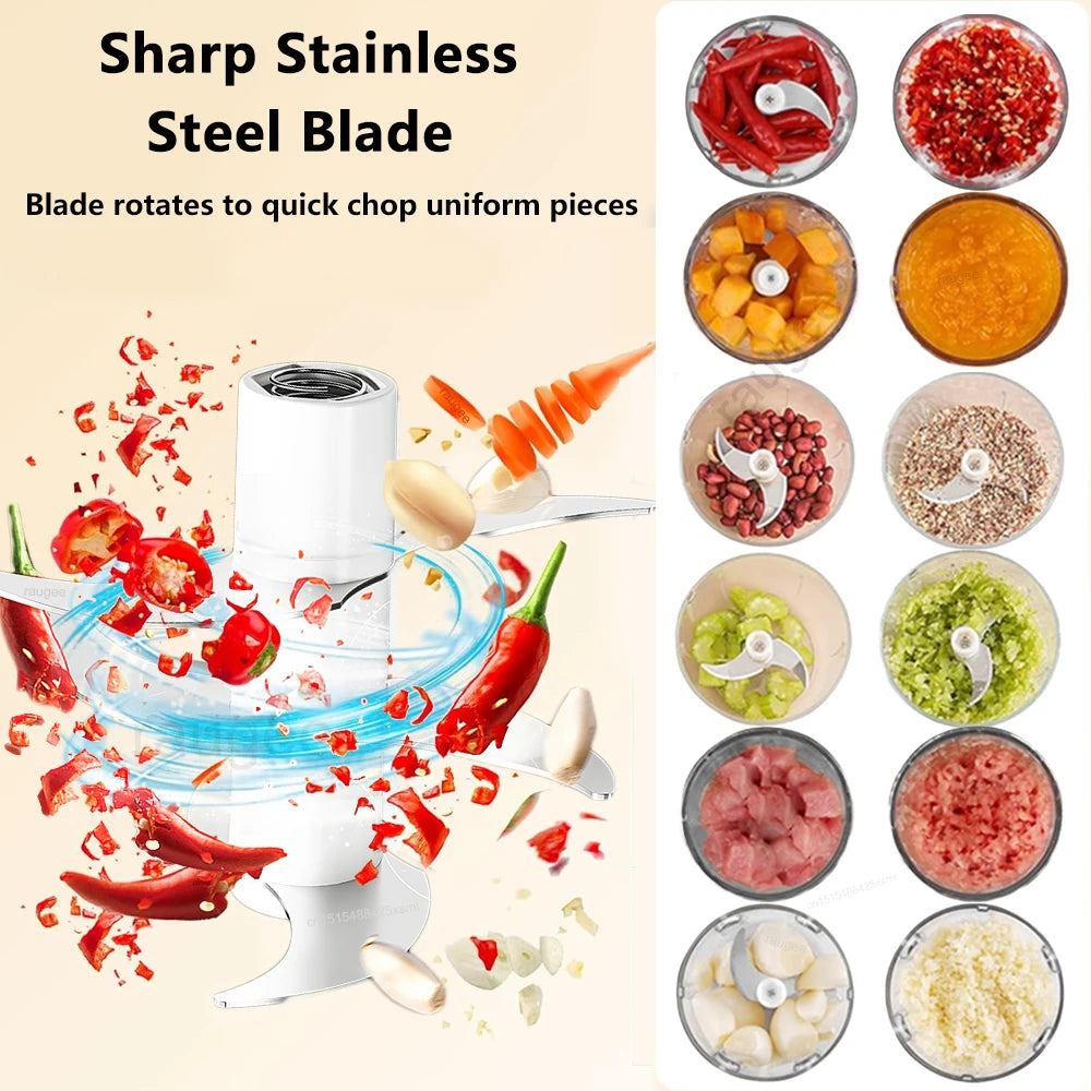 White manual food chopper with stainless steel blade, shown chopping various ingredients like peppers, meat, and garlic.