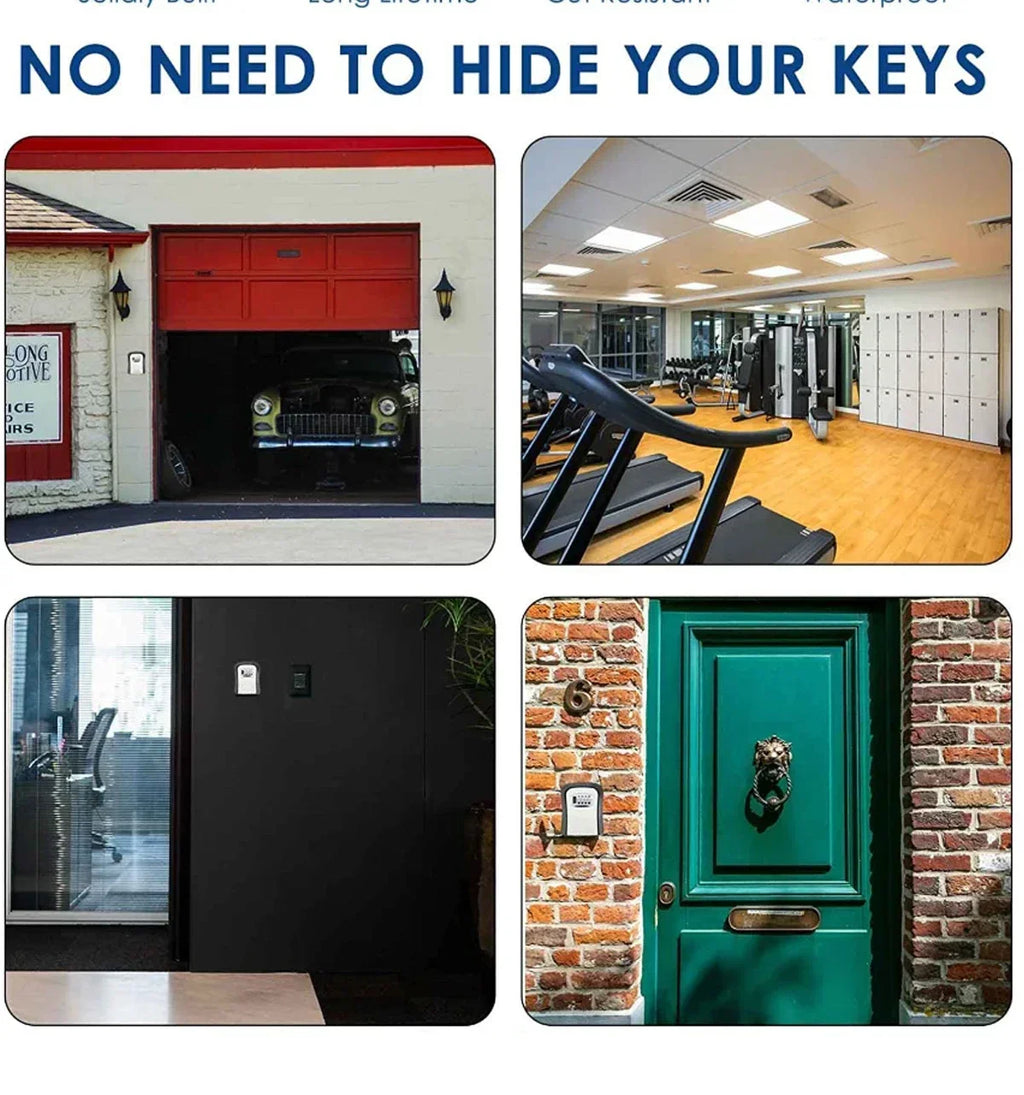 Silver metal wall-mounted key lock box with a push-button combination code, shown in four different exterior settings.
