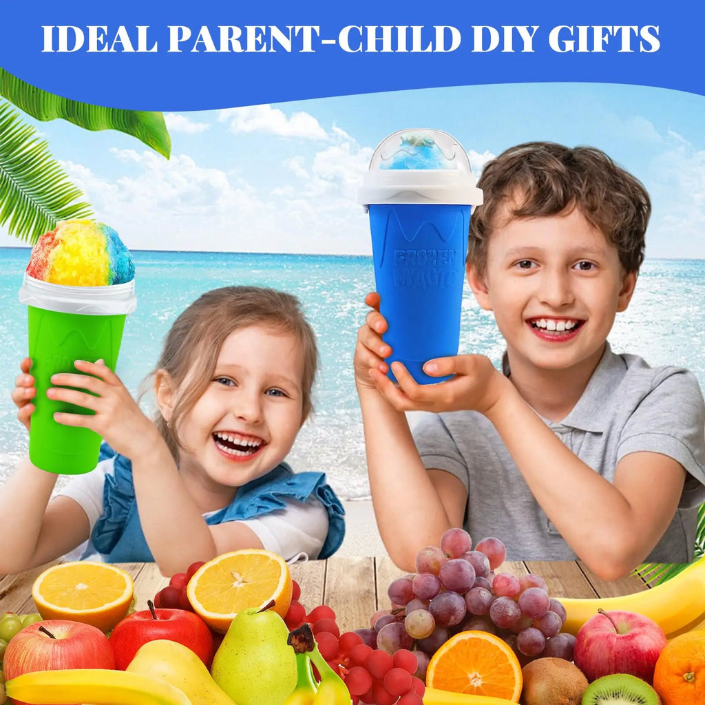 Two children holding bright green and blue silicone slushy maker cups topped with lids and colourful frozen treats.