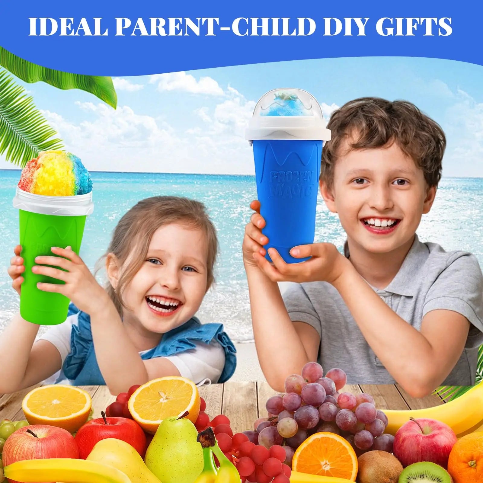 Two children holding bright green and blue silicone slushy maker cups topped with lids and colourful frozen treats.