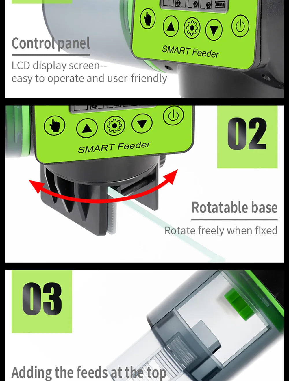 Smart fish feeder featuring a bright green control panel, LCD screen, rotatable base, and a top-loading food container.