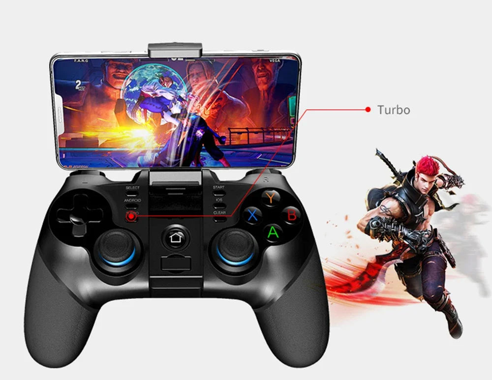 Black mobile gaming controller with a phone mount, joysticks, colorful action buttons, and a labeled turbo function.