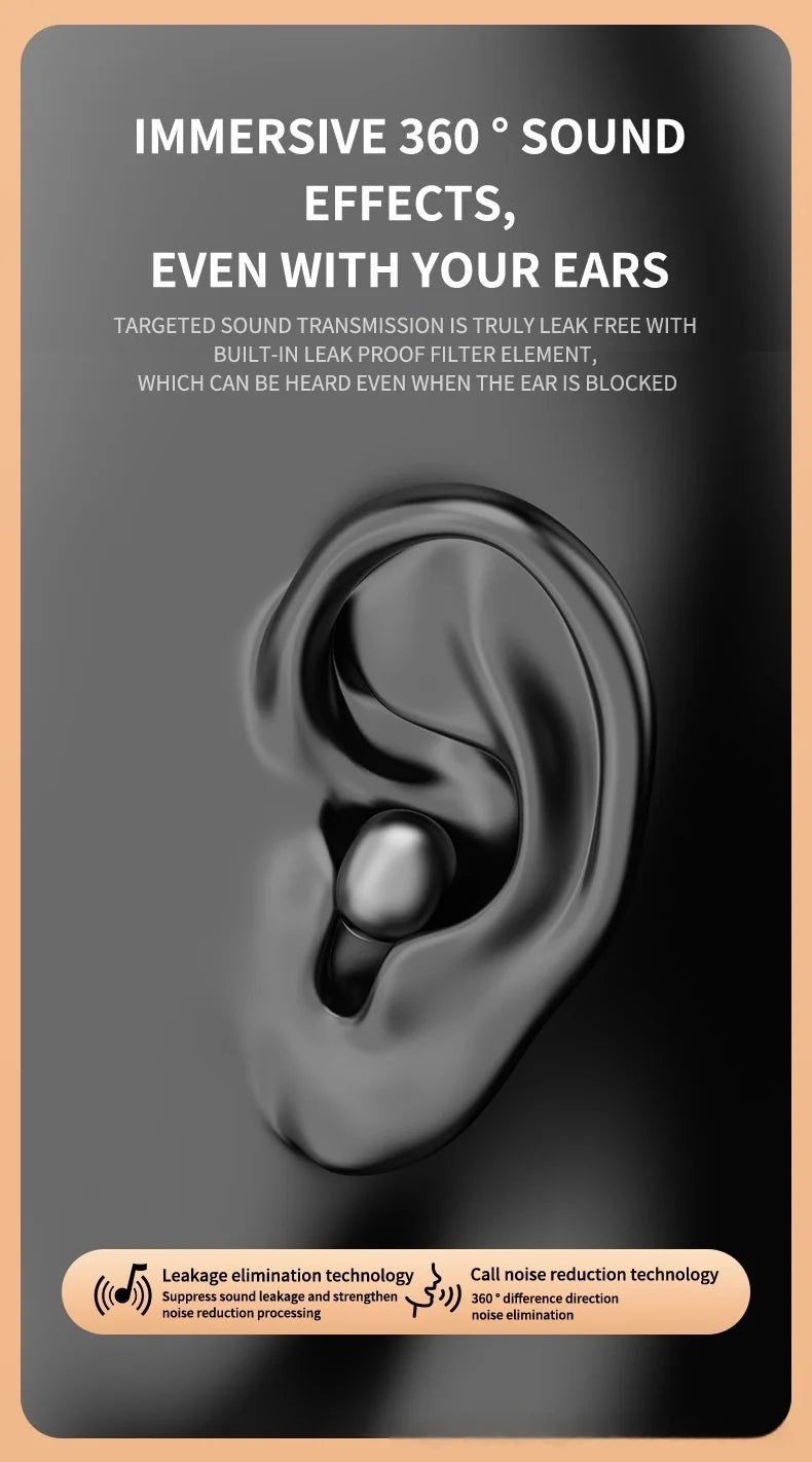 Small, matte black wireless earbud worn in a stylized ear, featuring minimalist design and 360-degree sound tech.