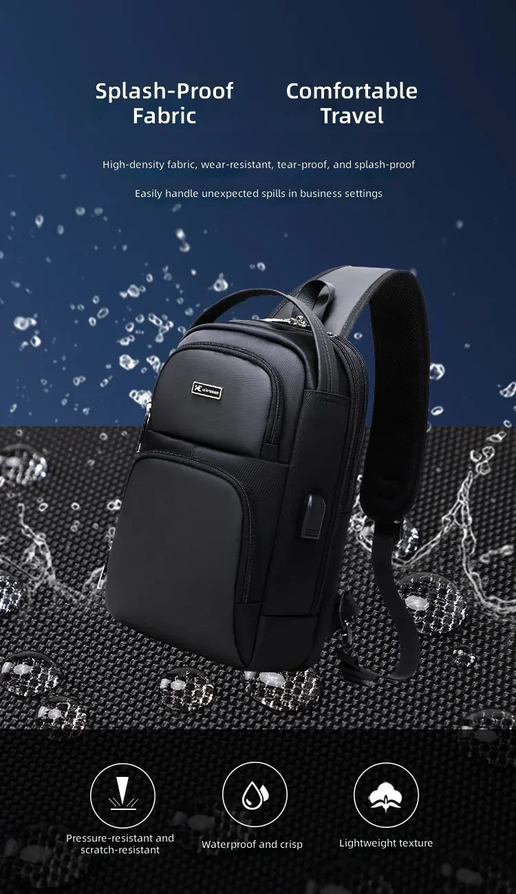 Black waterproof anti-theft sling bag with a password lock, durable fabric, and USB charging port feature.