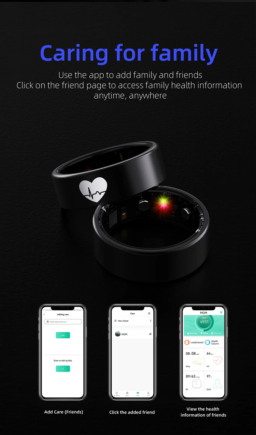 Sleek black smart fitness ring featuring a white heart monitor icon, shown alongside a health-tracking mobile app.