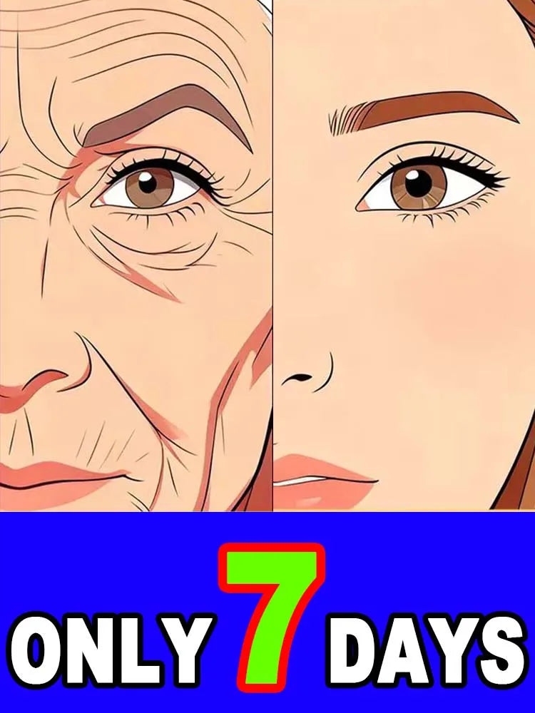 Illustration showing an older face with wrinkles compared to a smooth, younger face, captioned "Only 7 Days."