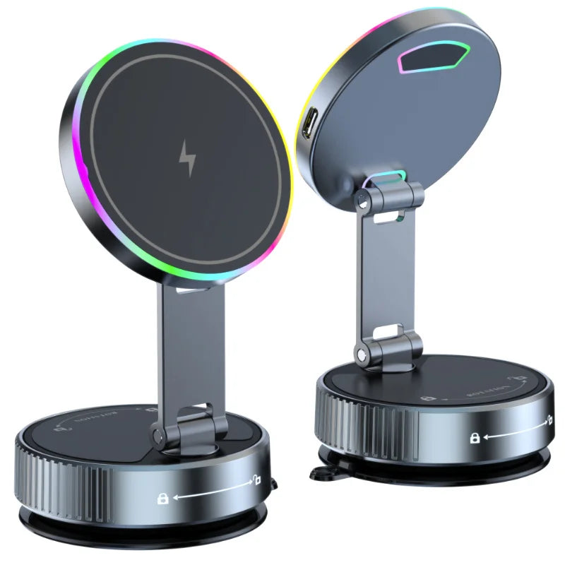 Grey foldable magnetic phone charging stand with a circular, RGB-lit pad and a rotating locking base.