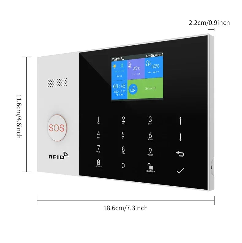 Slim white and black wall-mounted smart alarm panel with colour touchscreen, numeric keypad, SOS button and RFID.