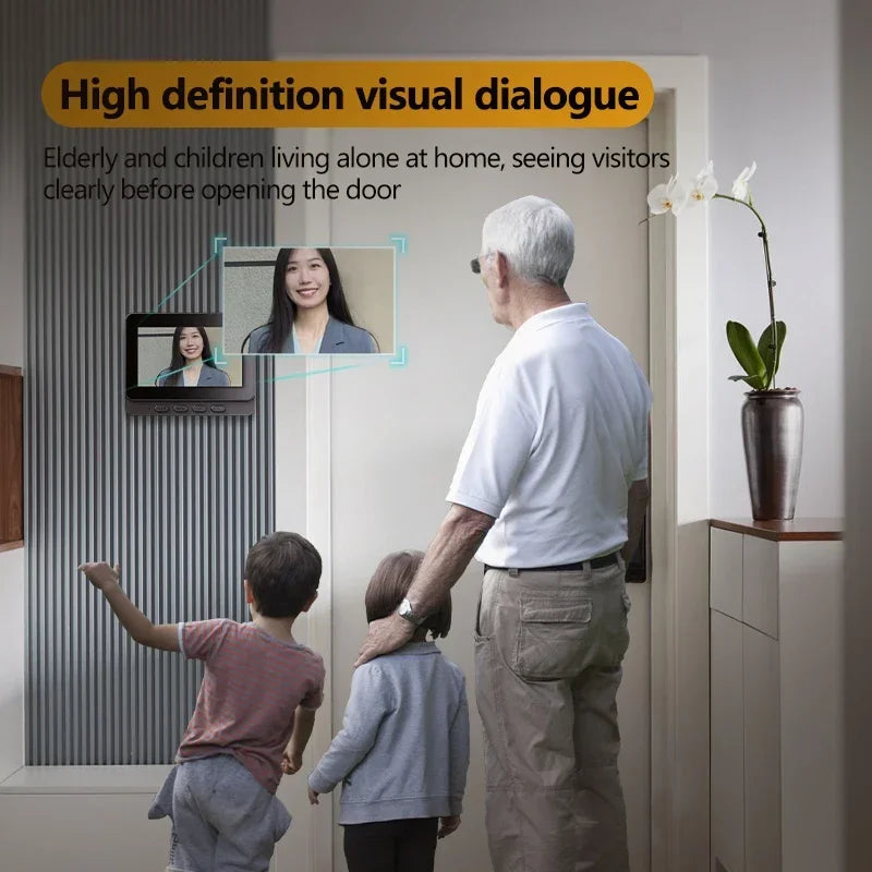 Wireless video doorbell with a compact black 4.3in screen, featuring night vision for clear visitor identification.