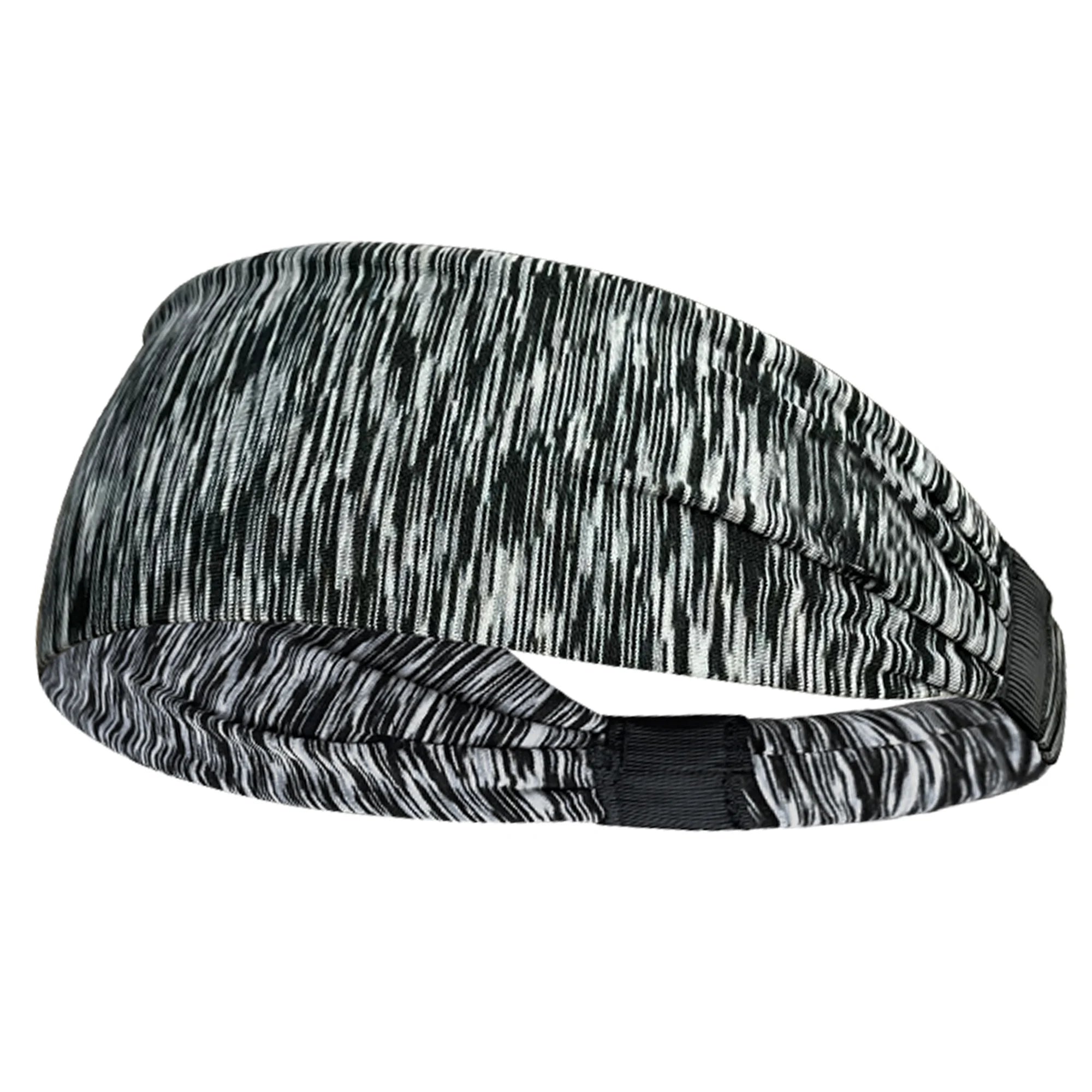 Black and white marl sports headband with a ruched design and a black elasticated back strap.