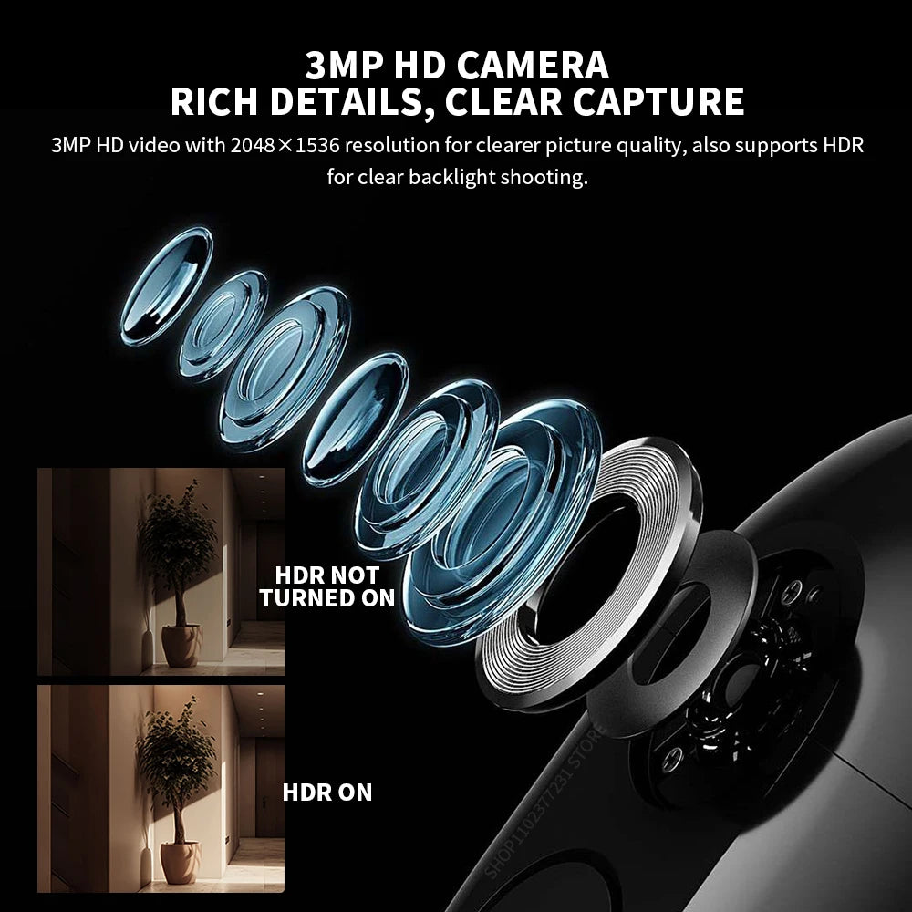 Black smart video doorbell featuring an HD camera lens assembly and a comparison showing HDR-enhanced image quality.