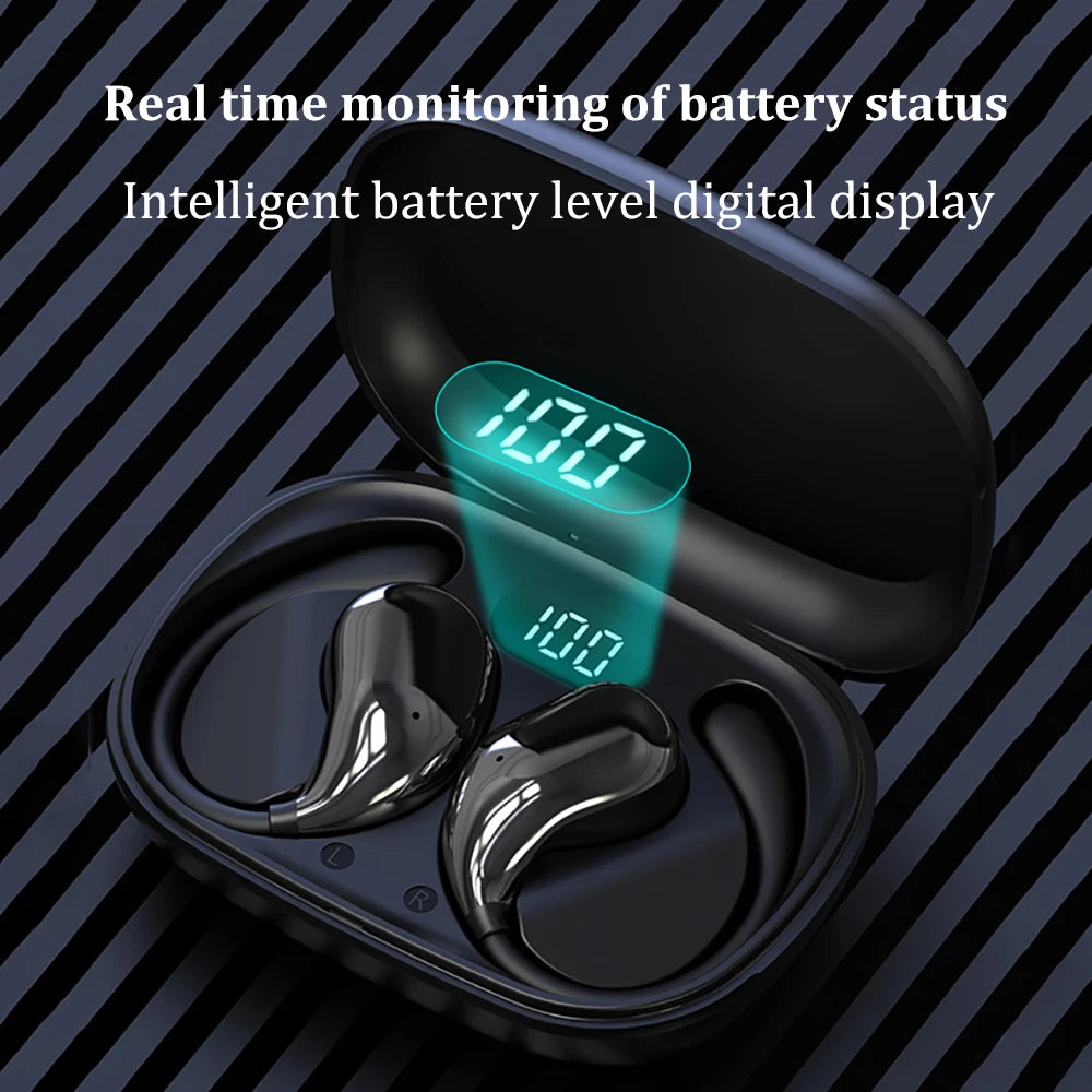 Black wireless earbuds with ear hooks in a charging case, featuring a digital LED battery display.
