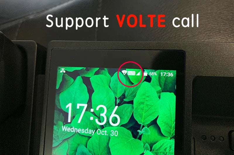 Black desk phone with a colour screen showing time, date, and a highlighted VoLTE call indicator icon.