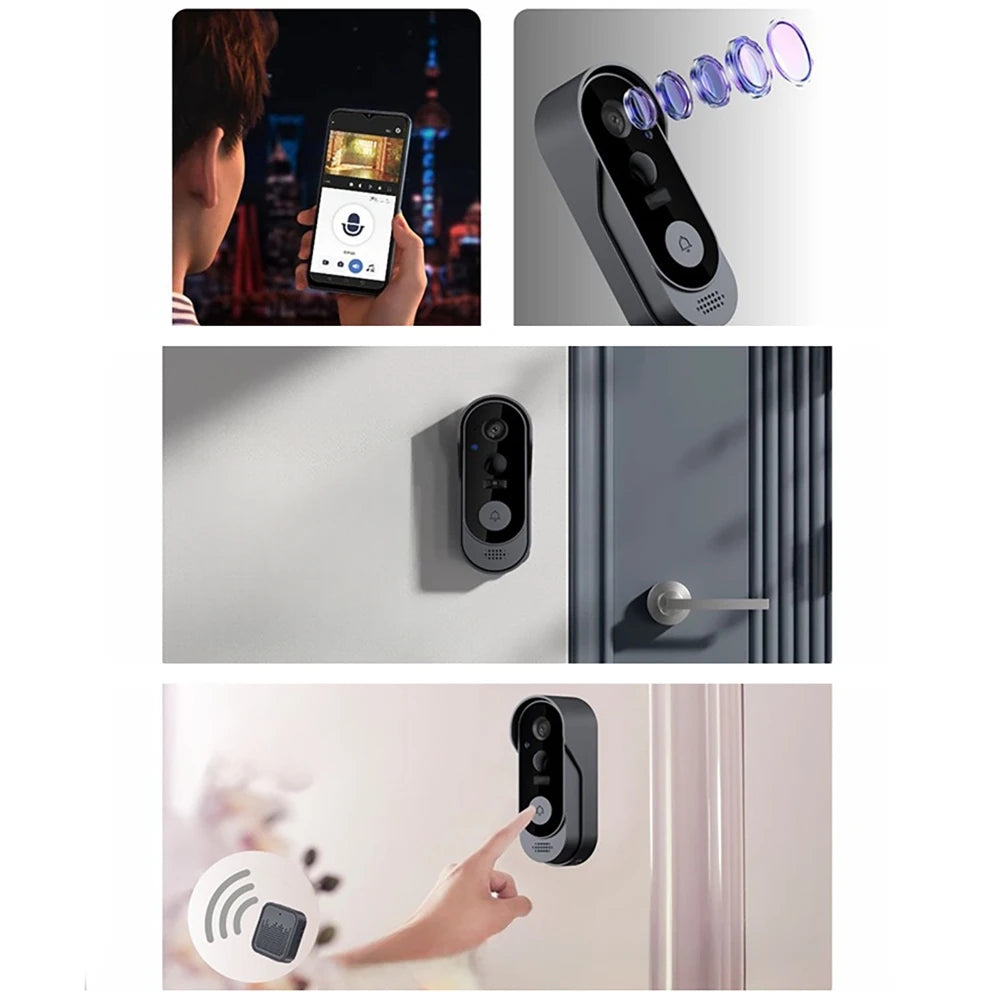 Sleek black wireless smart video doorbell with night vision, showing app connectivity and wall-mounted installation.