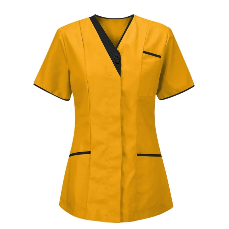 Mustard yellow short-sleeve V-neck tunic with black trim, button detail and front pockets for healthcare professionals.