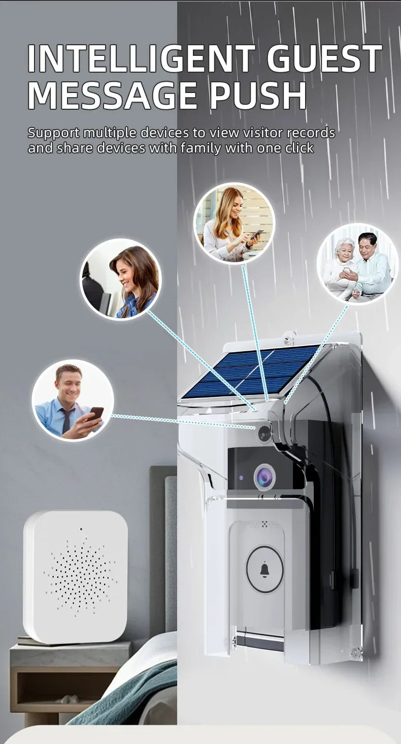 White wireless solar video doorbell with a separate chime, showing two-way intercom and multi-user mobile connectivity.